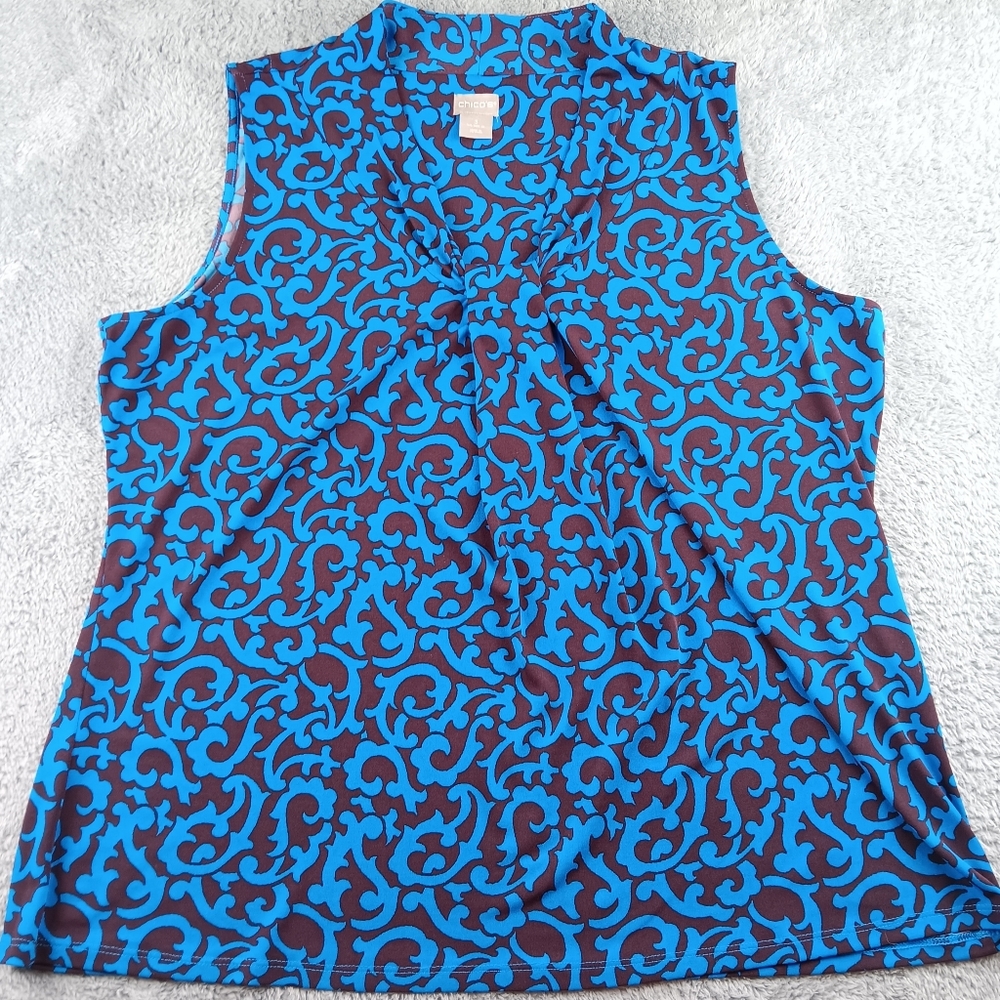 Chico's 3 Size XL Blue and Black Ruched Sleeveless Blouse